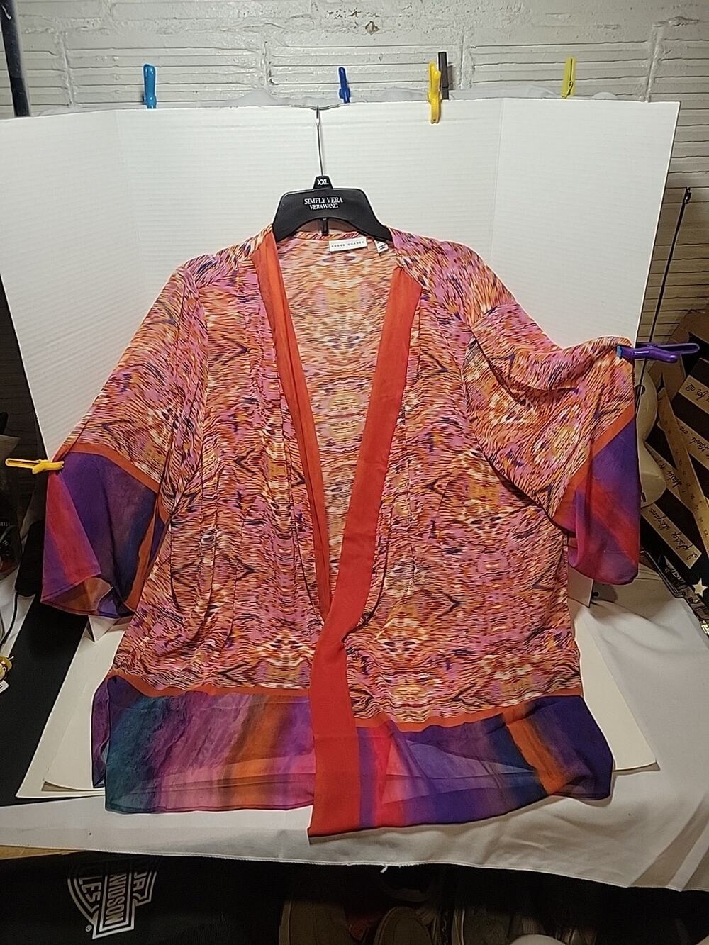 Susan Graver Sheer Chiffon Topper Open Front Duster Orange Multicolored 3x NEW
